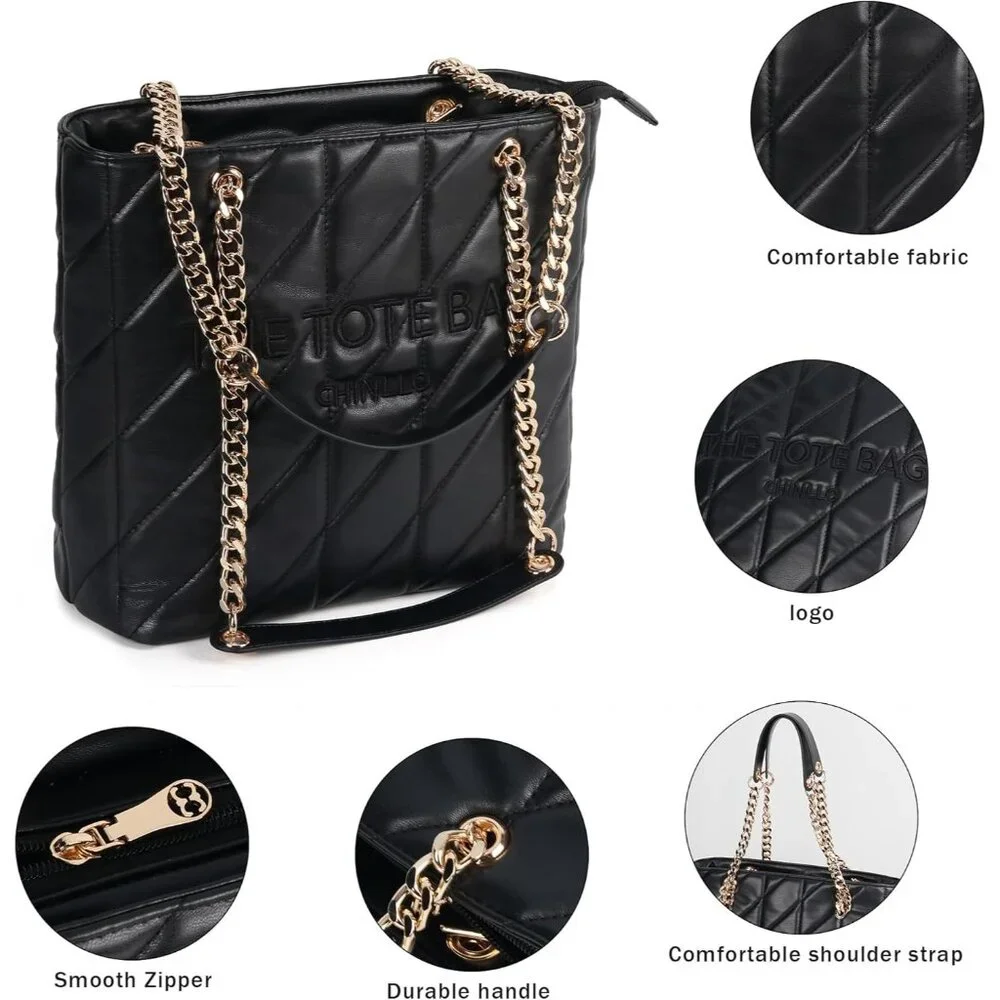 Women's Black-Quilted PU Leather Sophisticated Elegant Retro Style Tote Bag